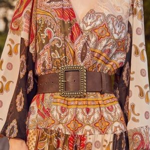 Boho brown vegan leather gold tone buckle belt